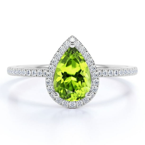 JeenMata Anillo de Compromiso con Piedra Natal de Agosto de Corte Pera de 1 Quilate - Anillo de Bodas - Halo - Pavé - Promesa - Baño de Oro Blanco de 18 K sobre Plata