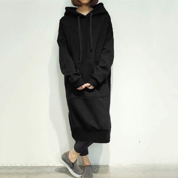 DondPO Long Sleeve Dress for Women,Plus Size Dresses Women's Large Size Round Neck Hooded Solid Color Long Sleeved Long Sweater Dress Maxi Dress,Elegant Dresses Hoodie Dress Black Dress XXL