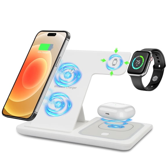 Wireless Charging Stand for iPhone 17 to 8 Series, Wireless Charger Phone Charger Compatible with Apple Watch, for AirPods 4 3 2 Pro, 3 in 1 Fast Charger Stand,Whtie