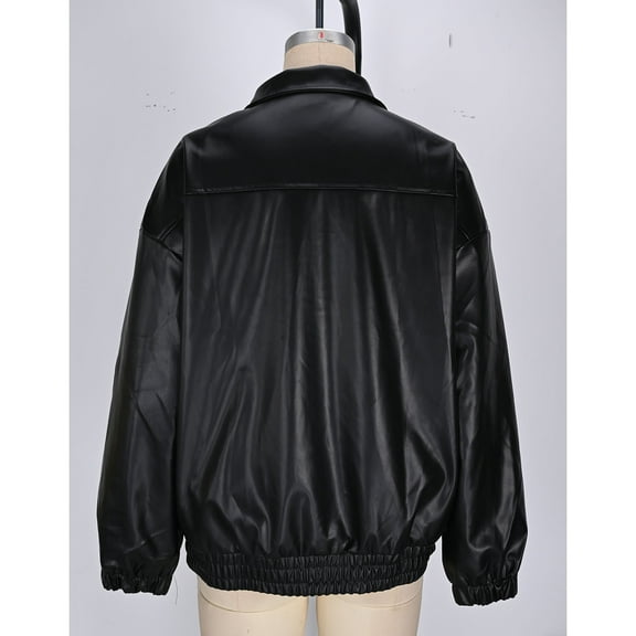 JGGSPWM Women's Zip Up Leather Jacket Motorcycle Baggy Bomber Coats Solid Color Long Sleeve Leather Jacket Fall Winter Clothes Black L