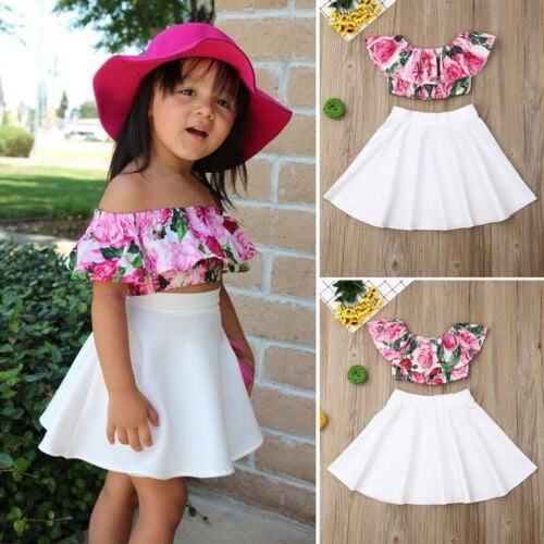 2PCS Bambin Enfants Bébé Fille hors Épaule Tops Crop + Jupe Robe d'Été Tenues Ensemble Vêtements