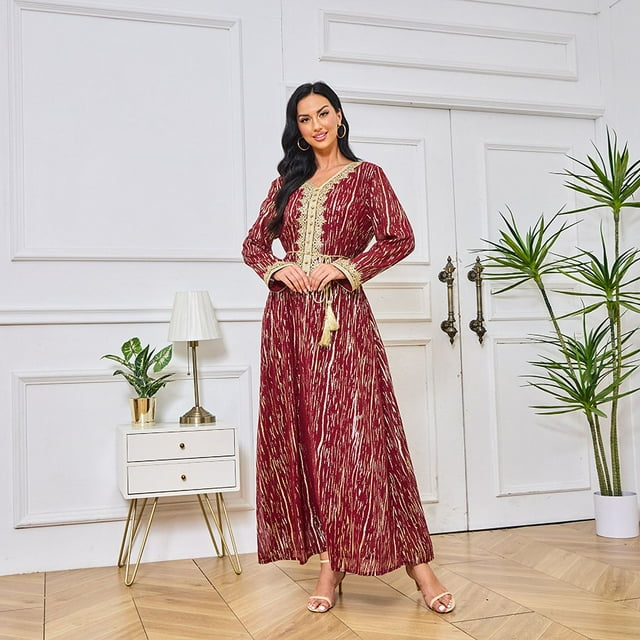 robe Femme Col en V Ajustée Tissu Estampage à Chaud Mode Haut de Gamme (Rouge, TG)
