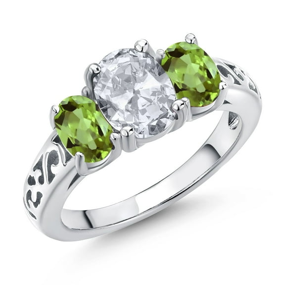 Gem Stone King 925 Sterling Silver White Topaz and Green Peridot Filigree Style 3 Stone Ring for Women (2.50 Cttw, Oval 8X6MM and 6X4MM) (Size 5)