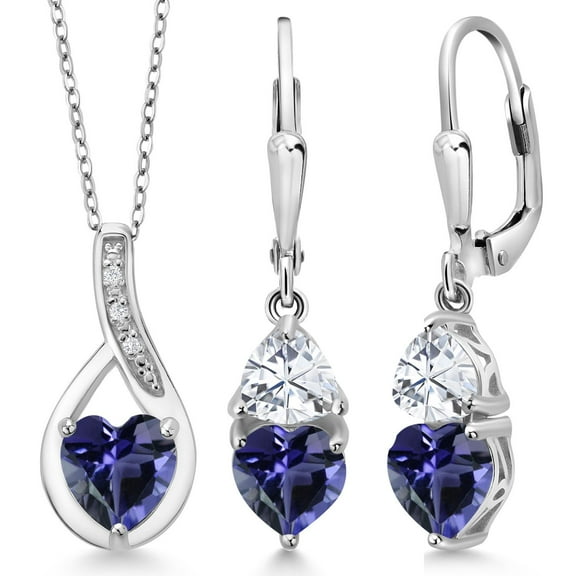 Gem Stone King 925 Sterling Silver Blue Iolite and White Moissanite Pendant Earrings Set for Women (2.94 Cttw, Gemstone Birthstone, with 18 inch Chain)