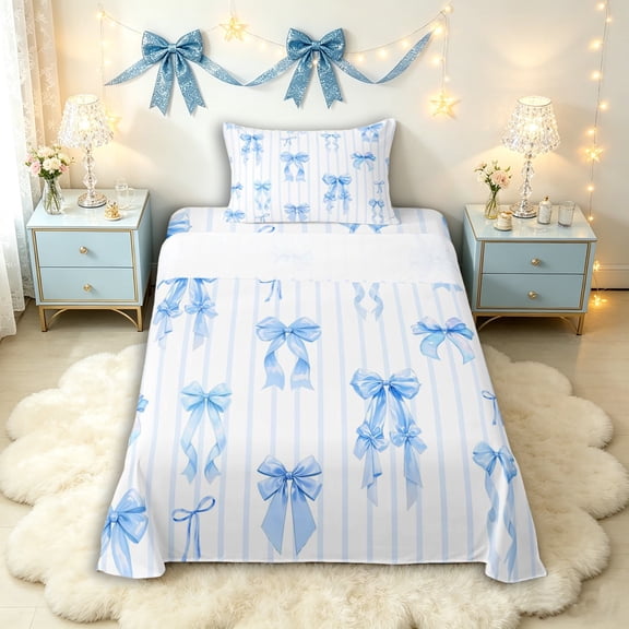 Manfei Blue Ribbon Bow Twin Sheet Sets 3pcs for Kids Girls,Teens Female Geometric Stripes Bedding,Super Cozy Room Decor