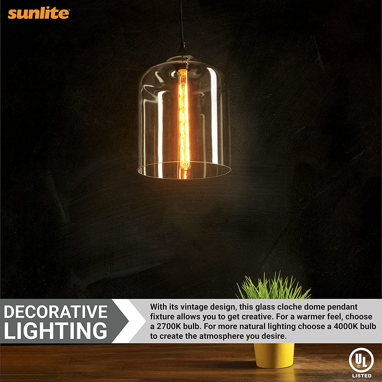 Sunlite Vintage-Inspired Glass Cloche Dome Pendant, Farmhouse Light Fixture, Medium (E26), 49-Inch Braided Woven Cord, 60 Watts Max (Bulb Not Included), 12”, Black Canopy