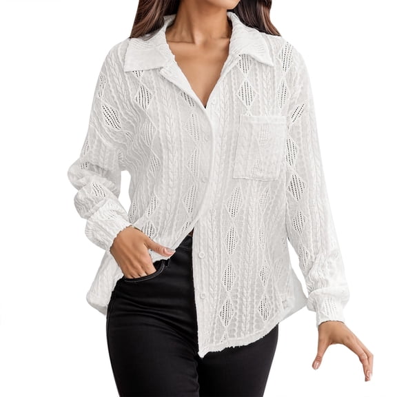 adviicd Womens Shirts Women's Tops Button Down Shirts Fall Long Sleeve Shacket Jacket Loose Ribbed Knit Work Blouses with Pocket (White,L)