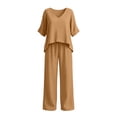 thumbnail image 4 of Mifsaly Linen 2 Piece Set for Women V Neck Short Sleeve Loose Tops and Flowy Wide Leg Trousers with Pockets Lightweight Casual Office Vacation Matching Outfits Khaki,XXL, 4 of 7