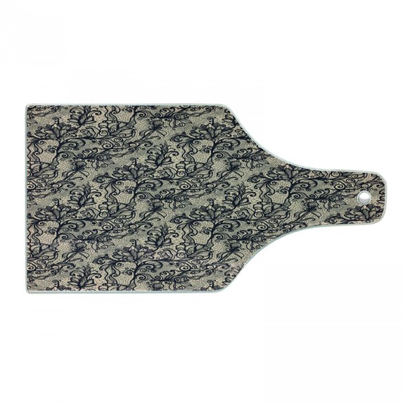 Gothic Cutting Board, Abstract Old Fashioned Blossoms Nature Inspired Feminine Pattern Baroque Influences, Tempered Glass Cutting and Serving Board, Wine Bottle Shape, Tan Black, by Ambesonne