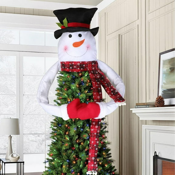 Large Snowman Hugger Christmas Tree Topper with Red and Black Plaid Scarf, Black Snowman Design Christmas Decorations for Family, Tree Topper Accents and Holiday Home Scene,Multicolor