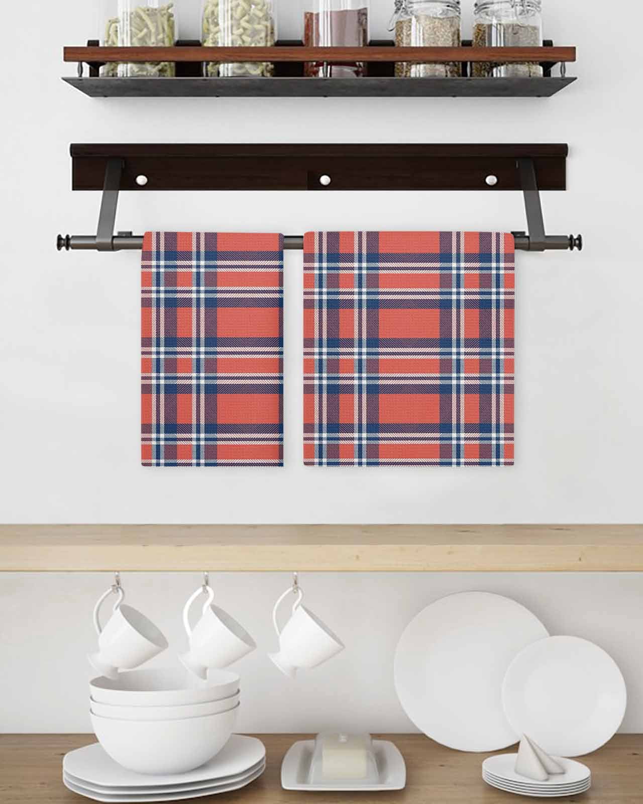 Orange Blue Hand Towels Set, Waffle Weave Kitchen Towels 4 Pieces, British Style Buffalo Plaid Lattice Microfiber Hair Face Bath Tea Towel Absorbent Quick Drying Cleaning Dish Cloths, 15.7"x23.6"