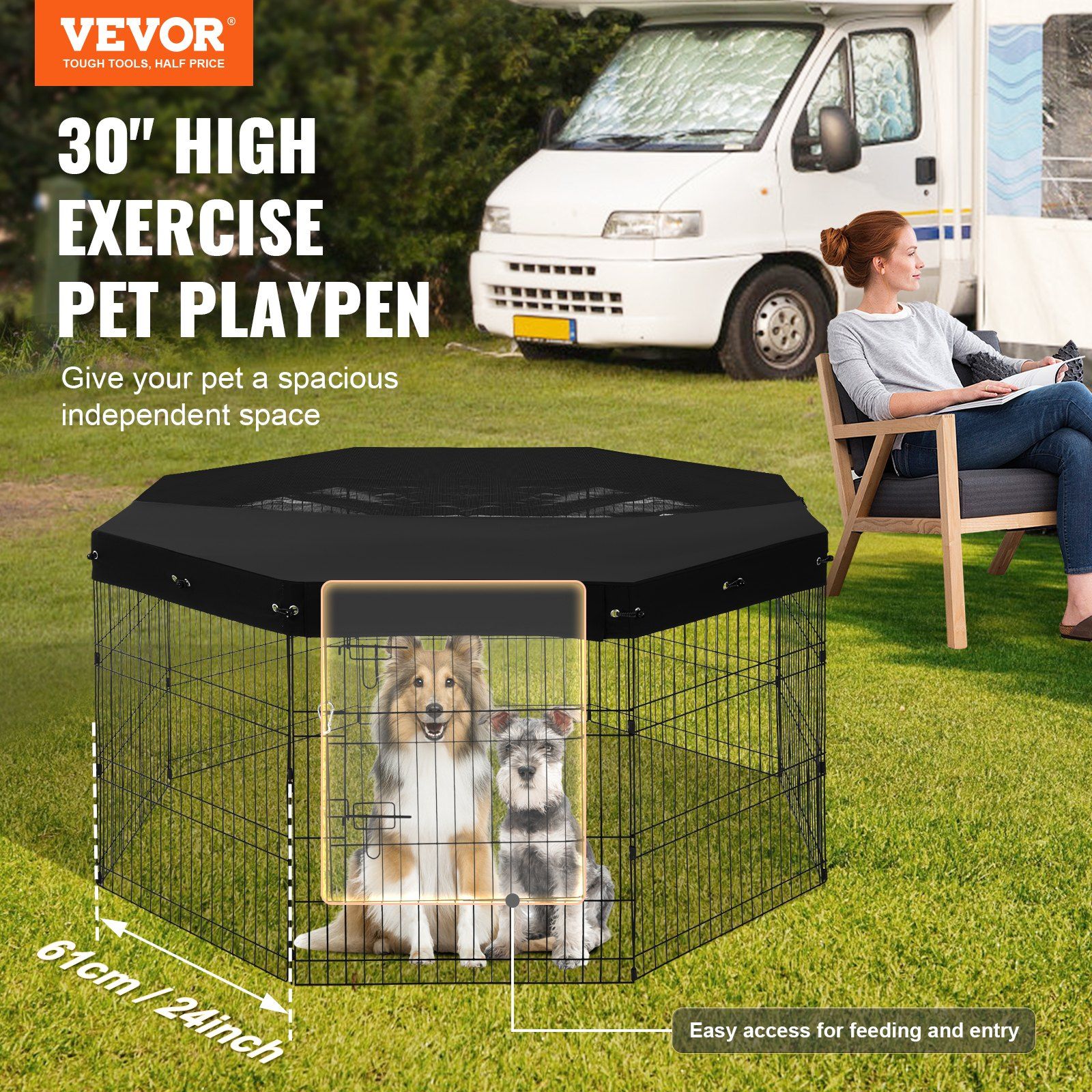 8 Panel 30 Inch H 24 Inch W Foldable Metal Dog Playpen with Door 600D Oxford Fabric Top Cover Indoor Outdoor Pet Exercise Pen for Dogs Cats Small Animals