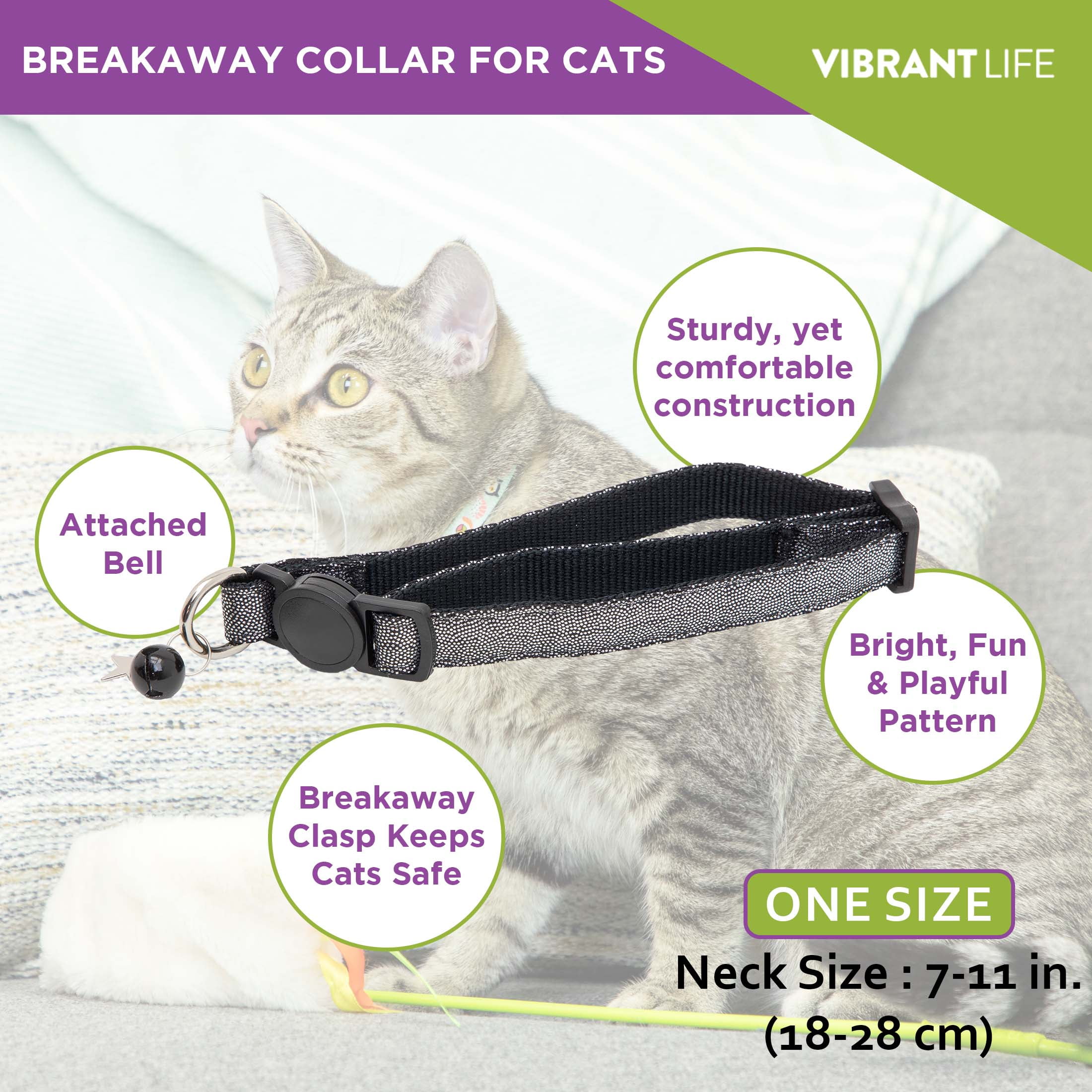 Vibrant Life 2-Pack Wide Cat Collar, Black with Silver Dots, and Mulit Leopard, One Size