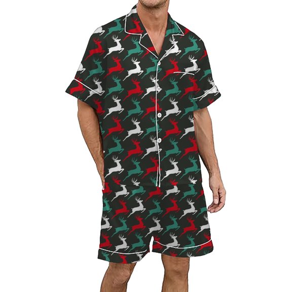 Tiweut Comfy Pajamas Sets Mens Christmas Multicolored Floral Printed Silk Satin Short Sleeved Lapel Button Up T-Shirts and Shorts Set Holiday Ladies Sleepwear Set,Dark Green,L