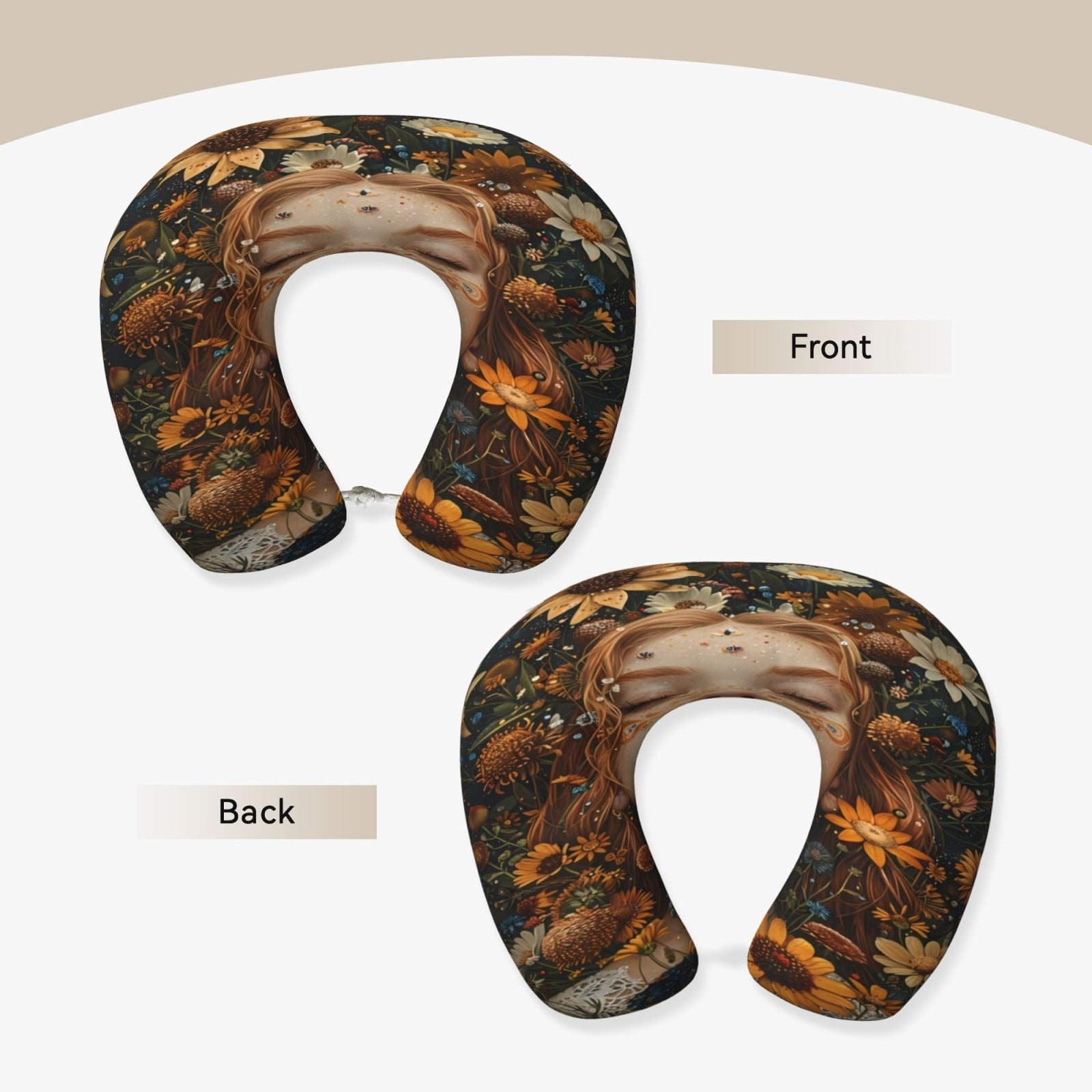 Xecao Whimsical Flower Crown Maiden Print Memory Foam Cervical Neck Pillow Versatile U-Shaped Pillows for Home,Office,Camping,Travelling,Soft Washable Cover