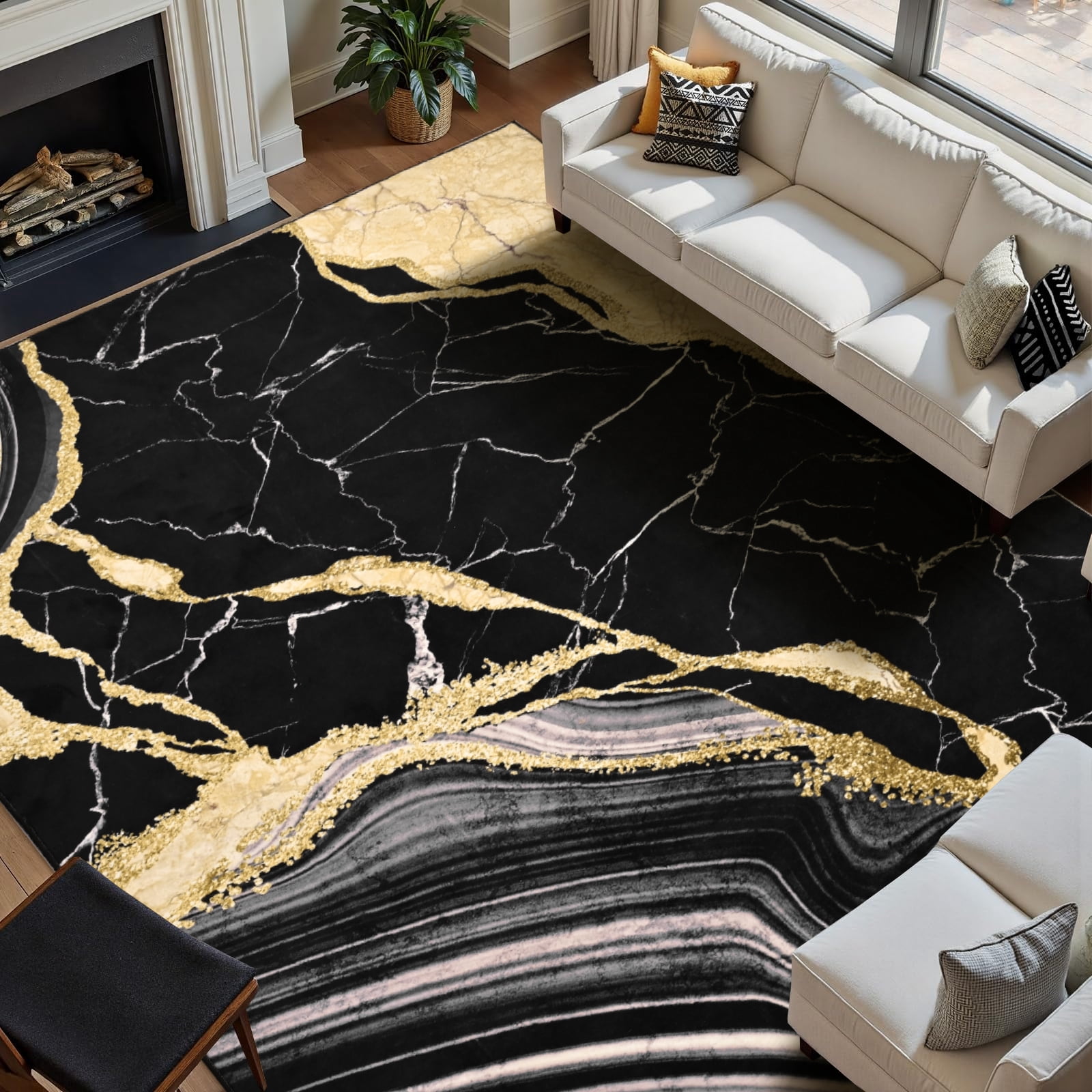 Bleum Cade 5'x7' Area Rugs for Living Room, Marble Swirl Abstract Rug Ultra Soft Washable Rugs for Bedroom, Anti Slip Durable Carpet Home Decor for Dining Room,Black Gold