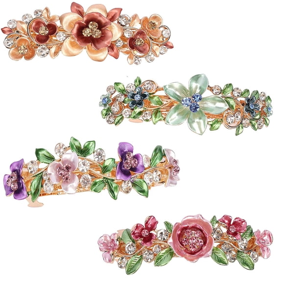 4 Pieces Vintage Flower Hair Pins, Women Barrette Bobby Pins, Decorative Metal Gold Tone Hairpins Colorful Floral Design Hair Clips, Rhinestone Hair Decorative Accessories for Women Girls