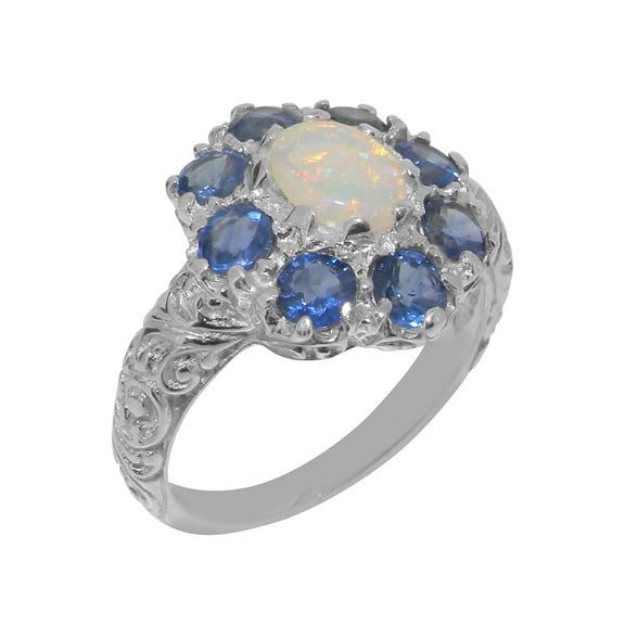 LBG British Made 925 Sterling Silver Natural Opal & Sapphire Womens Statement Ring - 33 size options - Size 10