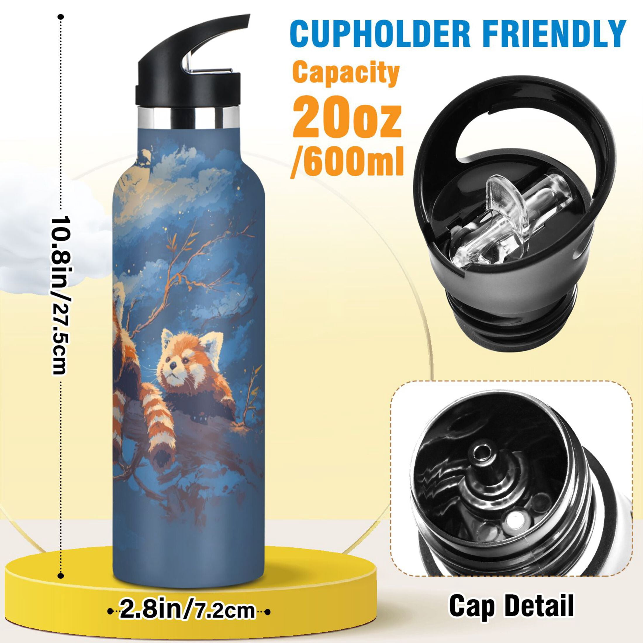 Kids Insulated Stainless Steel Sports Water Bottle 600ml Cute Red Panda