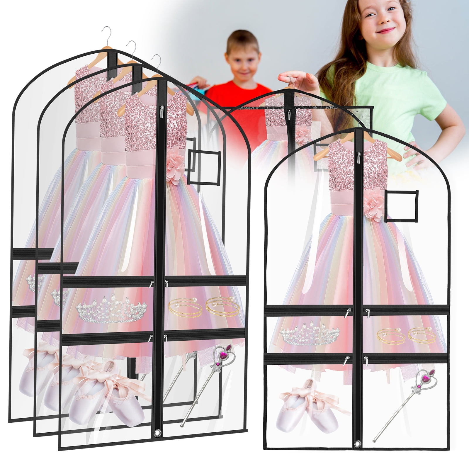4/8 Pack Dance Garment Bag 40" x 22" PVC Clear Costume Bag for Dancer with 4 Zippered Pocket for Hanging Clothes for Dance Competition Recital Travel and Closet Storage