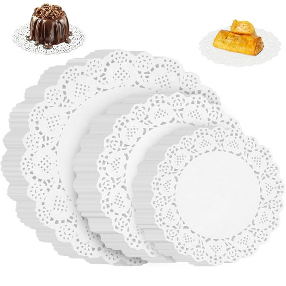 Tutuviw 150 Pcs White Lace Doilies,Disposable Paper Doilies,4.5/6.5/8.5in Lace Placemat,Round Paper Placemats Bulk,Doilies for Food,Tableware Decoration for Cakes Dessert Trays,Parties,Crafts