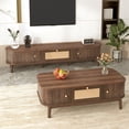 thumbnail image 4 of Noble House TV Stand & Coffee Table Set, Sliding Door & Woven Drawer, Rounded Edge Storage Design, Living Room,Walnut, 4 of 9