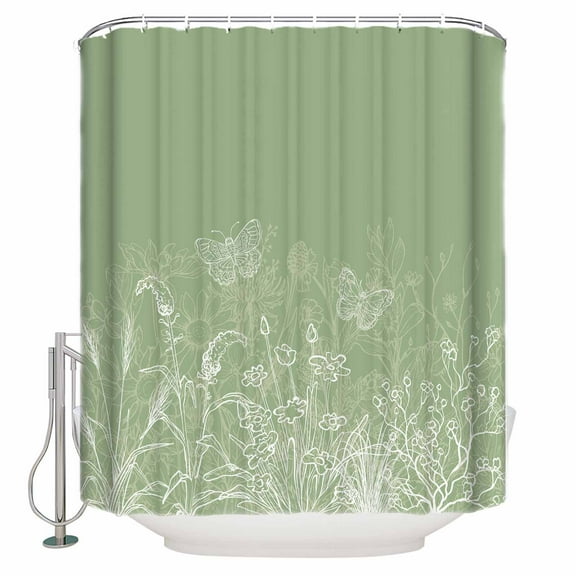 Fabric Shower Curtain, White Flowers Butterfly Plants Hand Drawing Sage Green Shower Curtains with 12 Hooks Waterproof Machine Washable Bath Curtains for Bathroom, 48x 72in