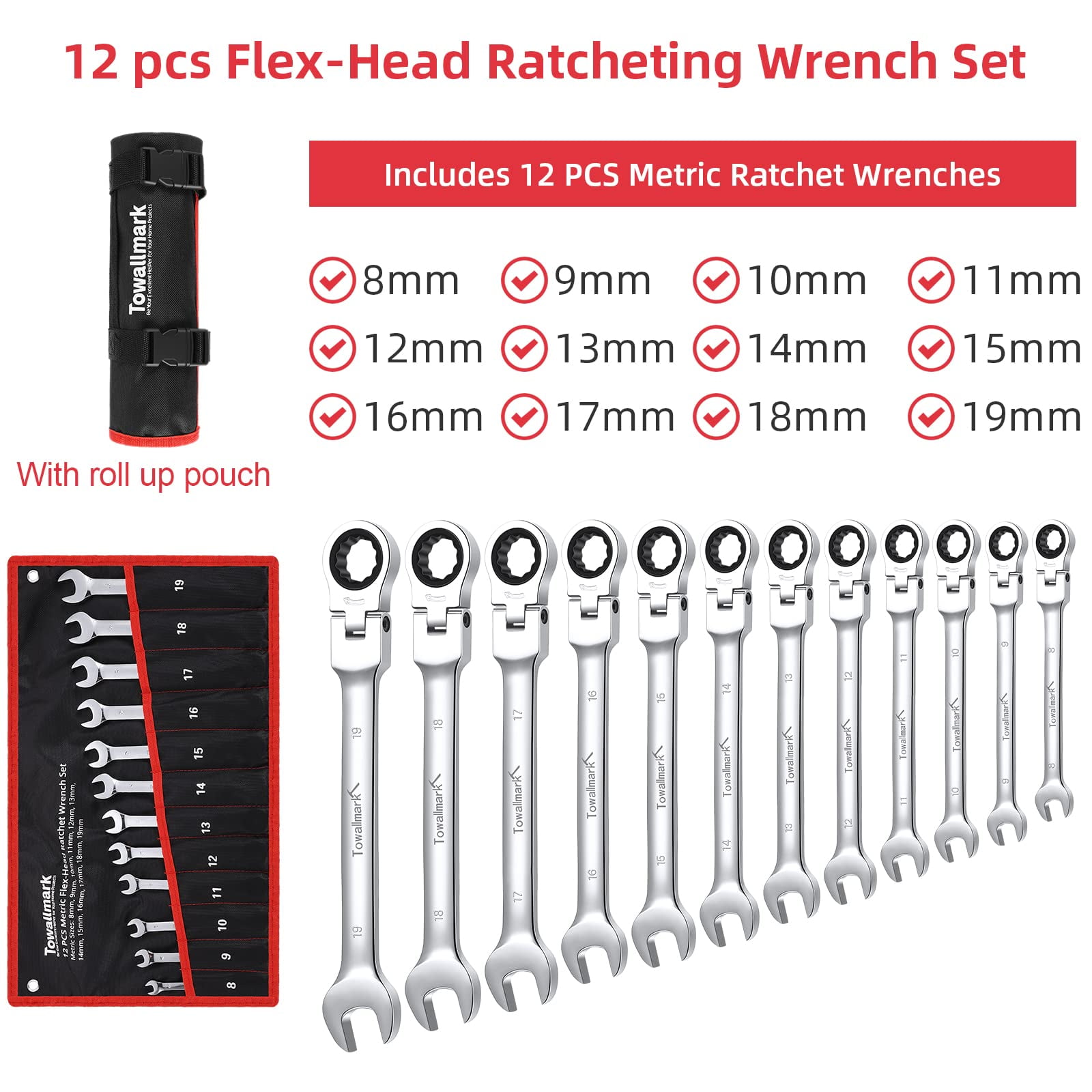 12-Piece Flex-Head Wrench Set, Ratcheting Combination Set, Metric 8-19mm, 72-Teeth,Cr-V Steel Ratchet Wrenches Set with Storage Bag for home/car/bike etc