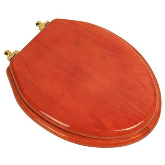Plumbing Technologies 5F1E2-15BR Designer Solid Elongated Oak Wood Toilet Seat with Polished Brass Hinges&#44; American Cherry