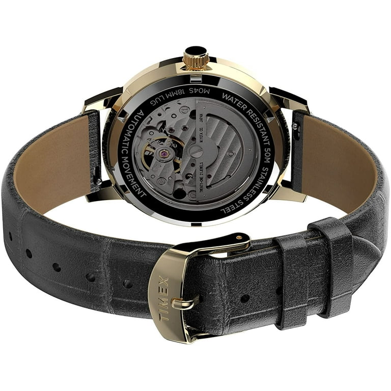 Timex 38 mm Unveil Automatic Leather Strap Watch Gold/Black
