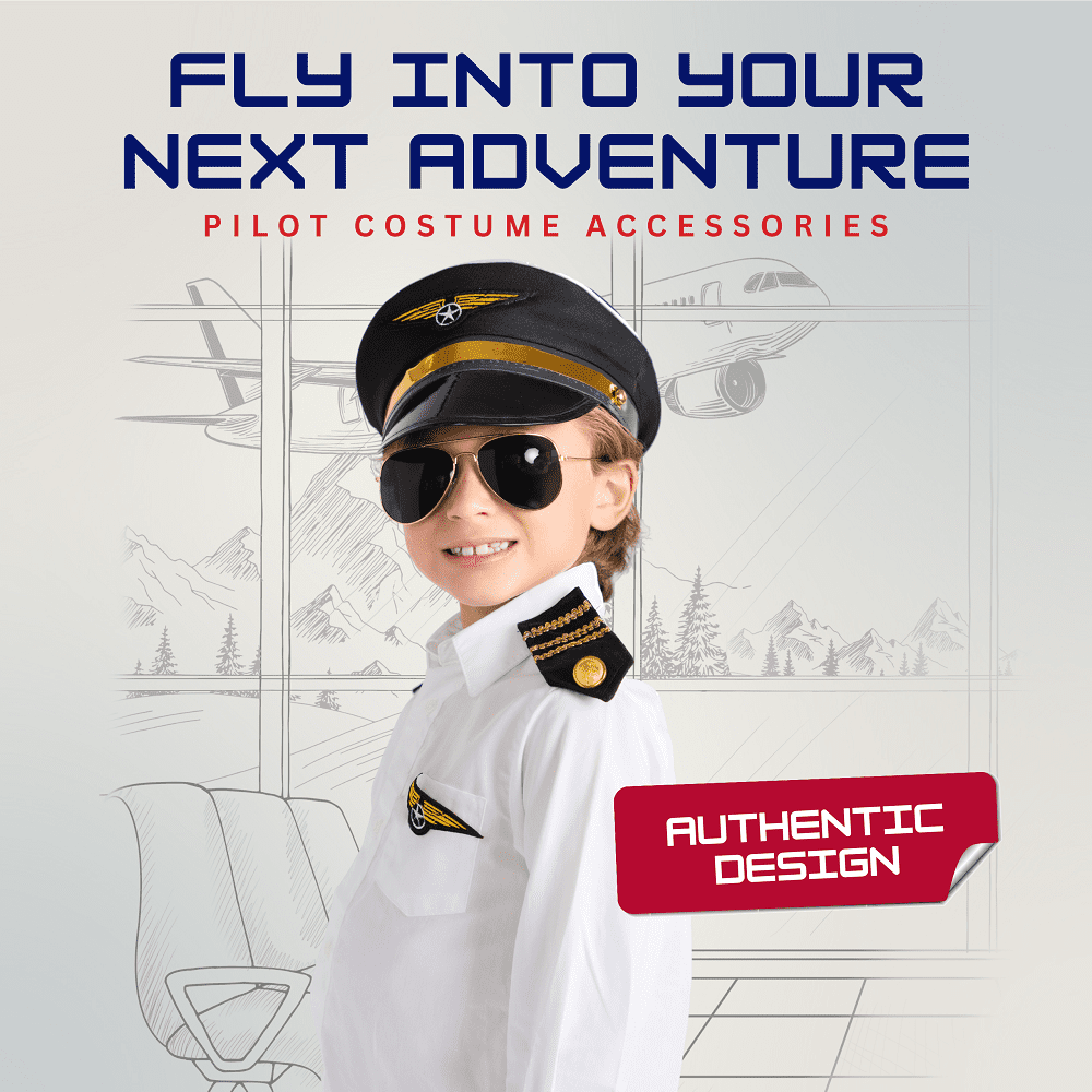 3-teiliges Pilotenzubehör Set – Mit Abzeichen, Krawatte & Goldgerahmter Sonnenbrille, Für Cosplay & Mottopartys