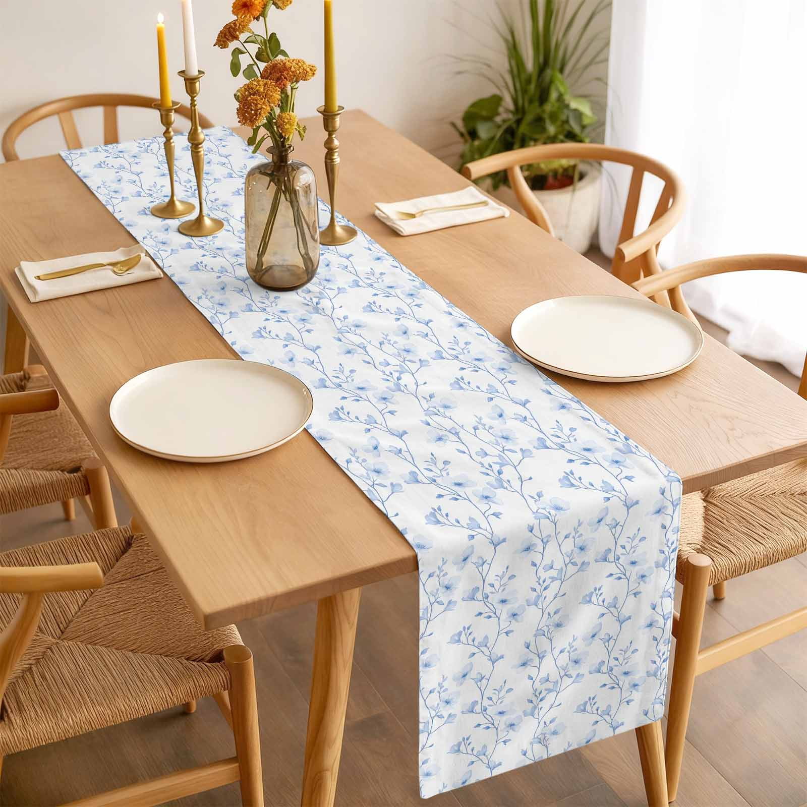 Flowers Table Runner 13x108 inch Branches Cotton Linen Dining Table Runner Ideal for Dresser Kitchen Coffee Tables - Machine Washable