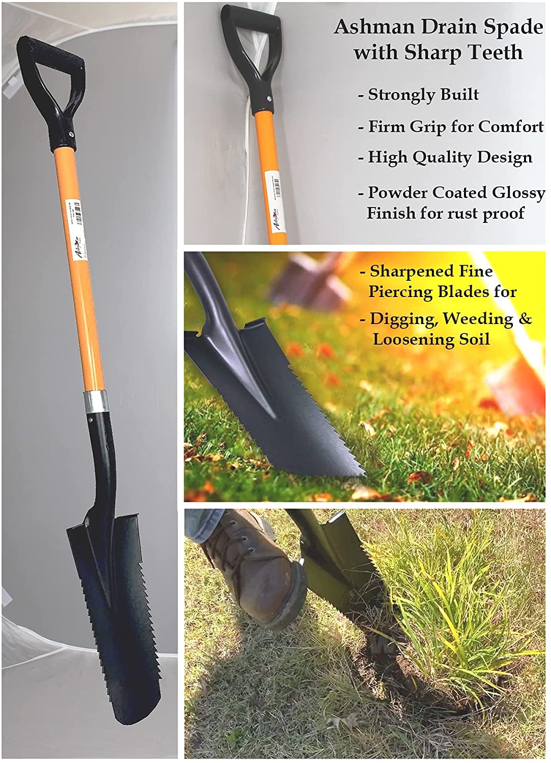 Ashmanonline Drain Spade Teeth 41 inches Long Fibreglass Handle – Orange Metal  Shovel (6 Pack)