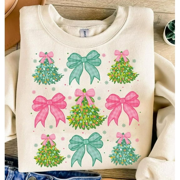 Merry & Bright Christmas Sweater, Retro Pink Christmas Tree Girly Holiday Coquette Sweatshirt