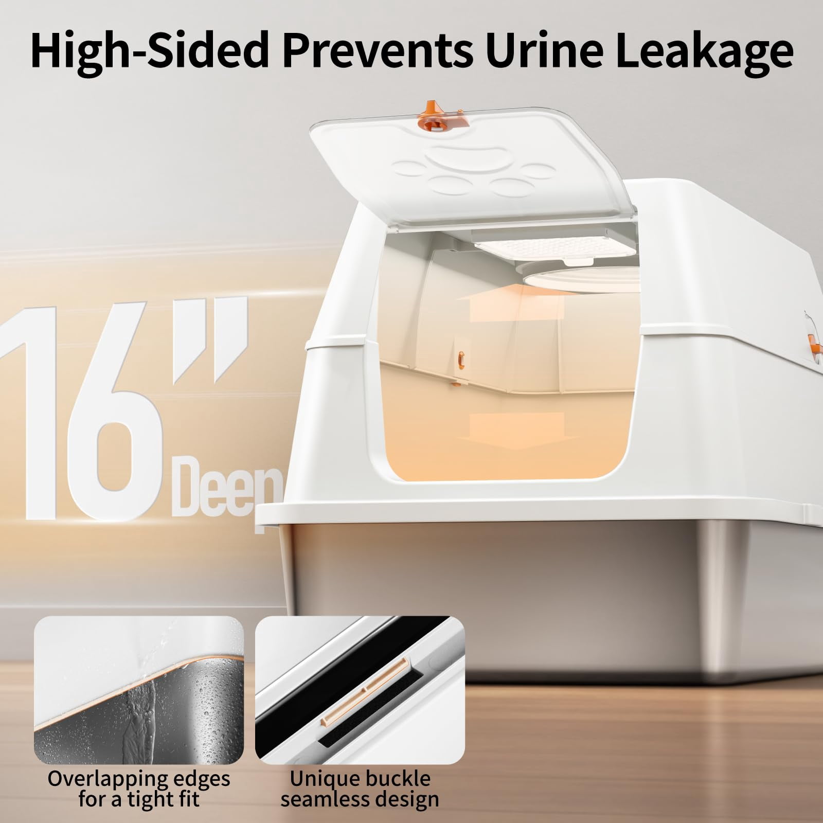 Stainless Steel Cat Litter Box With Lid  180° Flip-top Xl Extra Large Enclosed Covered Metal High Sided Pan Steps & Scoop Easy Cleaning Odor Control Non-sticky-white