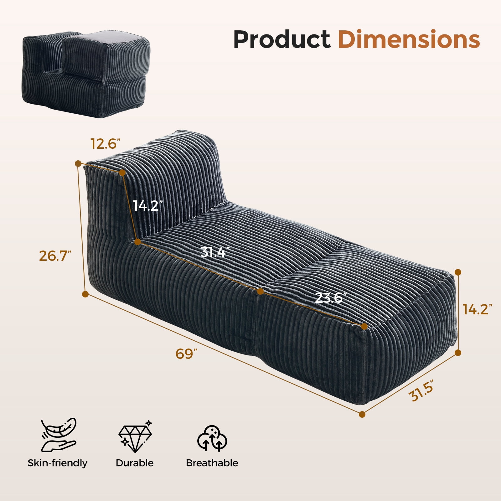 GOLUCKY Bean Bag Sofa, Large Beanbag Chair for Adults, Bean Bag Couch with Memory Foam Filled for Living Room, Bedroom, Dorm, or Balcony, Grey