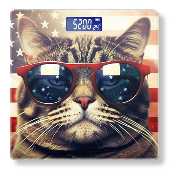 Bathroom Scale, Highly Accurate Digital Body Scale,Precisely Measures Weight up to 400 lbs-Cat Wearing Sunglasses With The American Flag In The Background