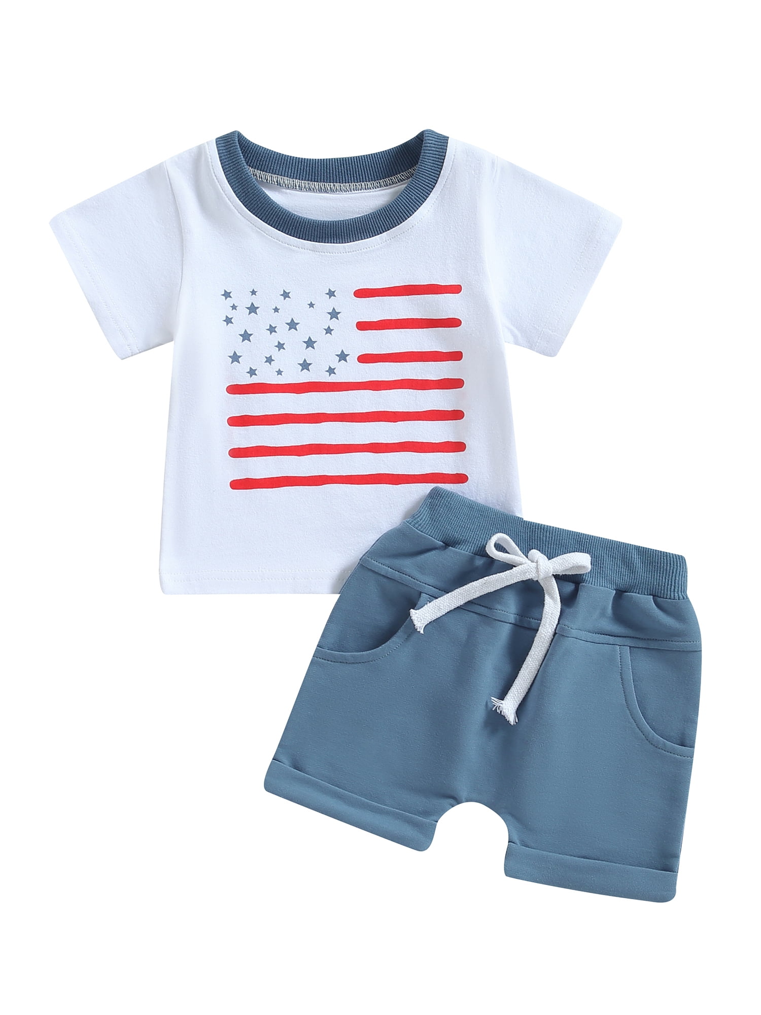 Qtinghua 4th of July Baby Boy Outfits Letter Flag Stars Print T-Shirt  Shorts Independence Day Clothes White 12-18 Months