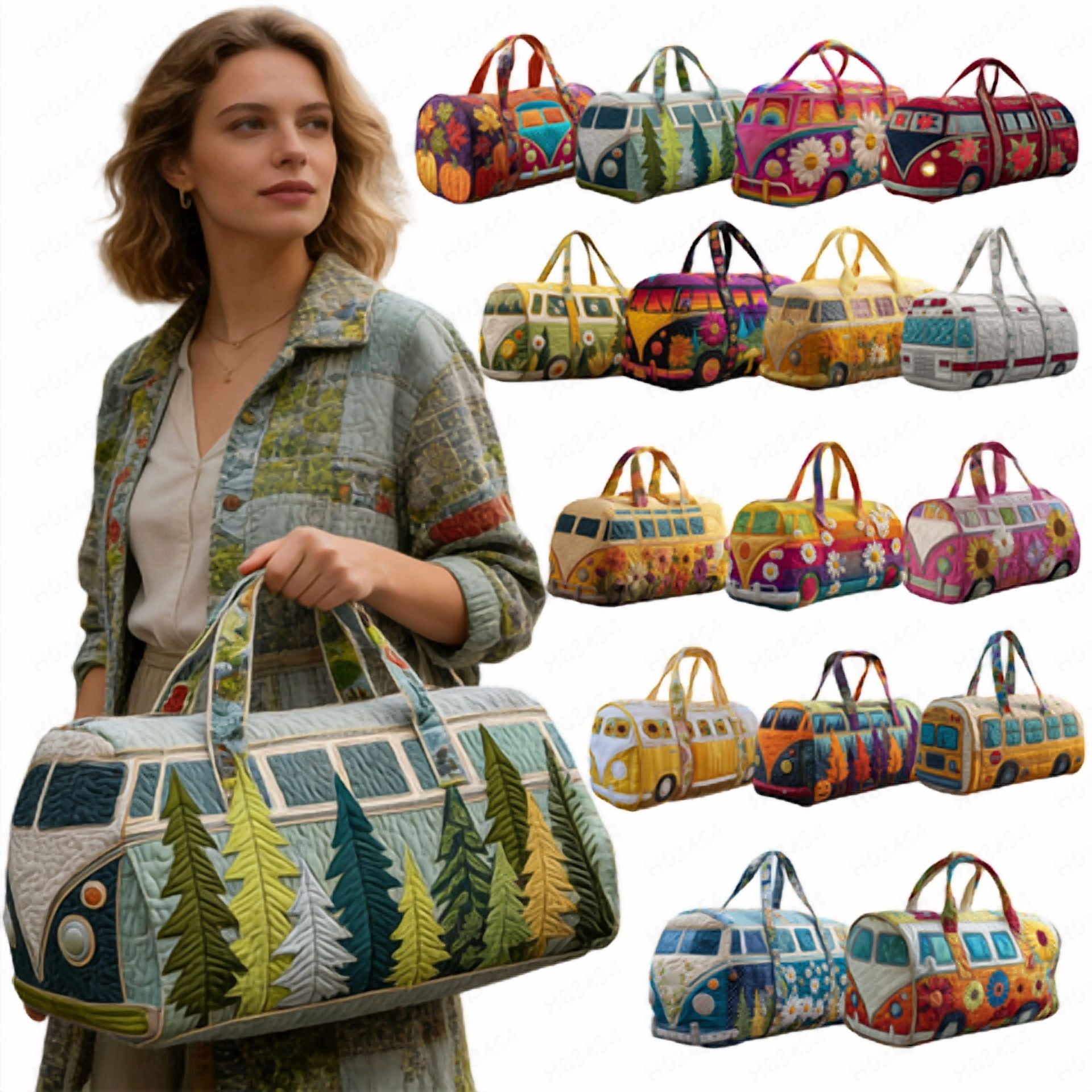 2026 Hippie Journey Quilted Duffel Bag Hippie Van Travel Duffel Bag Vintage Floral Weekender Overnight Bags Women Gym Bags