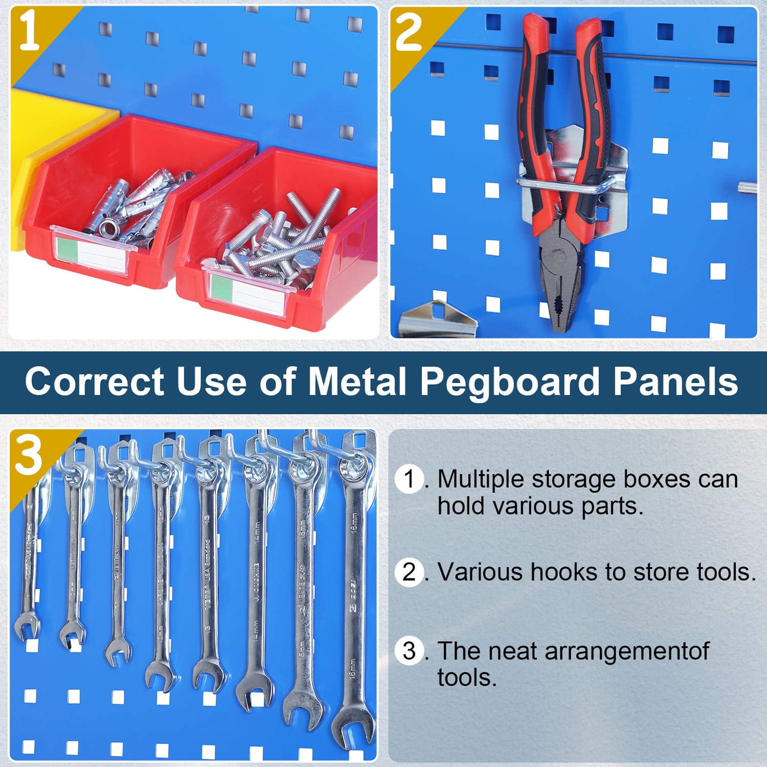 2 PCS Metal Pegboard Panel Set (35"x17.5"), Heavy-Duty Wall Mount Tool Organization System with Hooks & Storage Bins for Garage, Workshop