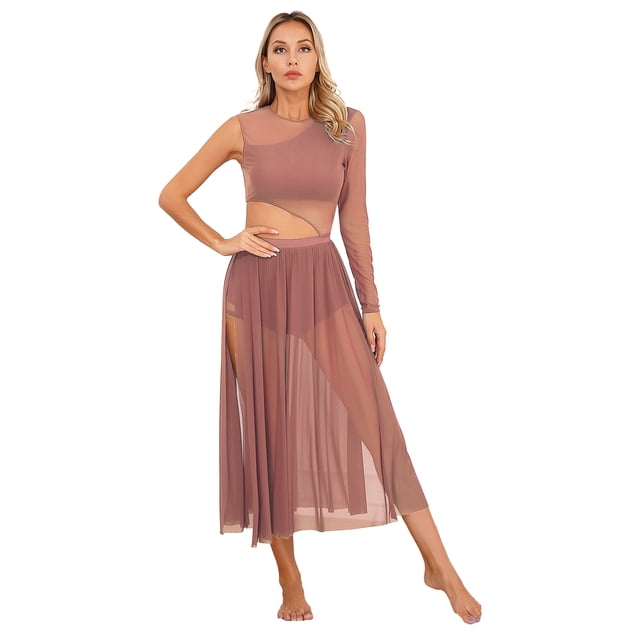 YiZYiF Costumes de Danse Lyrique pour Femmes Épaule Unique Robe de Danse Moderne Contemporaine pour Performance Rose Poussiéreux L