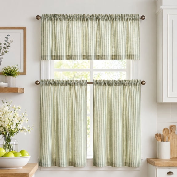 Striped Linen Kitchen Curtains Set, Light Filtering 3-Piece Rod Pocket Window Treatments for Cafe, Bathroom & Farmhouse Decor, 24 Inch