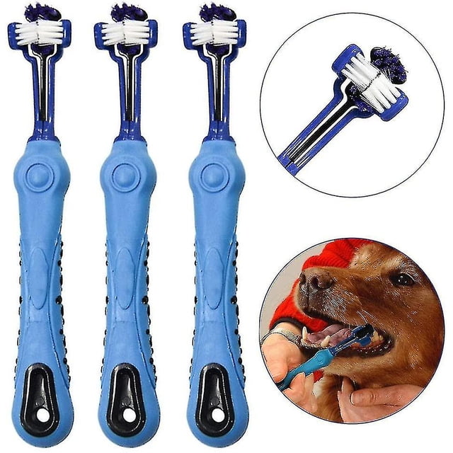 Cepillo de dientes para perros de 3 piezas para el cuidado dental de mascotas, cepillo de dientes de triple cabezal, mango ergonómico para una fácil oral LingWen 9024715631435