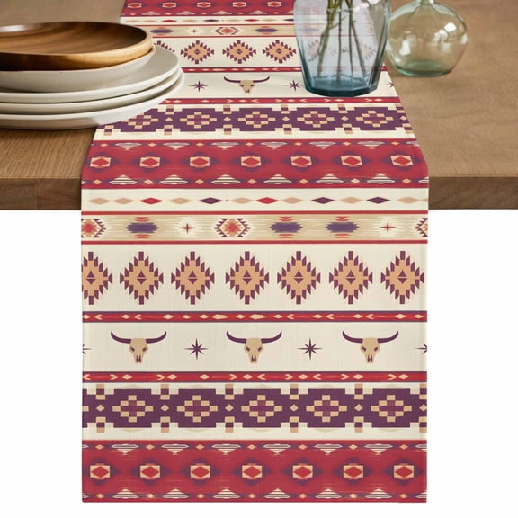 Boho Ethnic Style Table Runner, Red Stripe Vintage Art Cotton Linen Kitchen Table Decoration Washable Dining Tabletop Runners for Home Party Decor 13x60 Inches