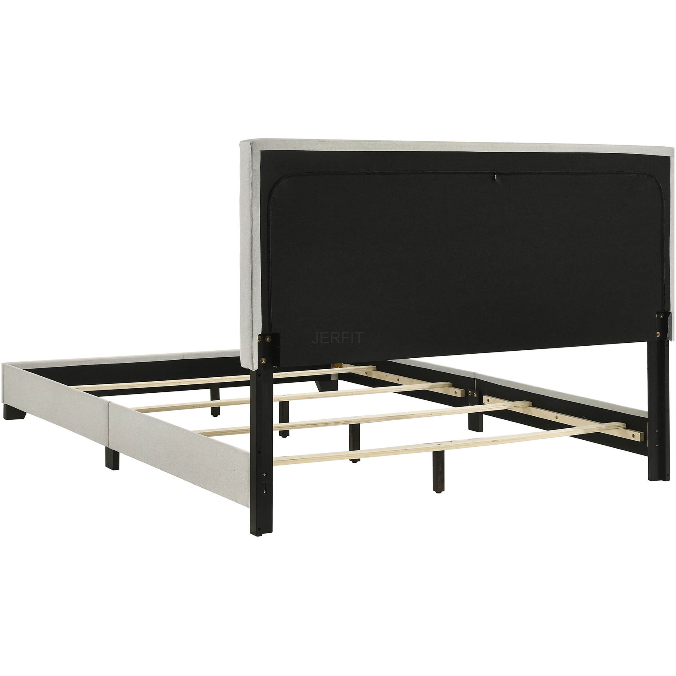 JERFIT Queen Upholstered Bed Frame with Padded Headboard, Cream Fabric Platform Bed with Wood Slat Support, No Box Spring Needed, Modern Bedroom Furniture