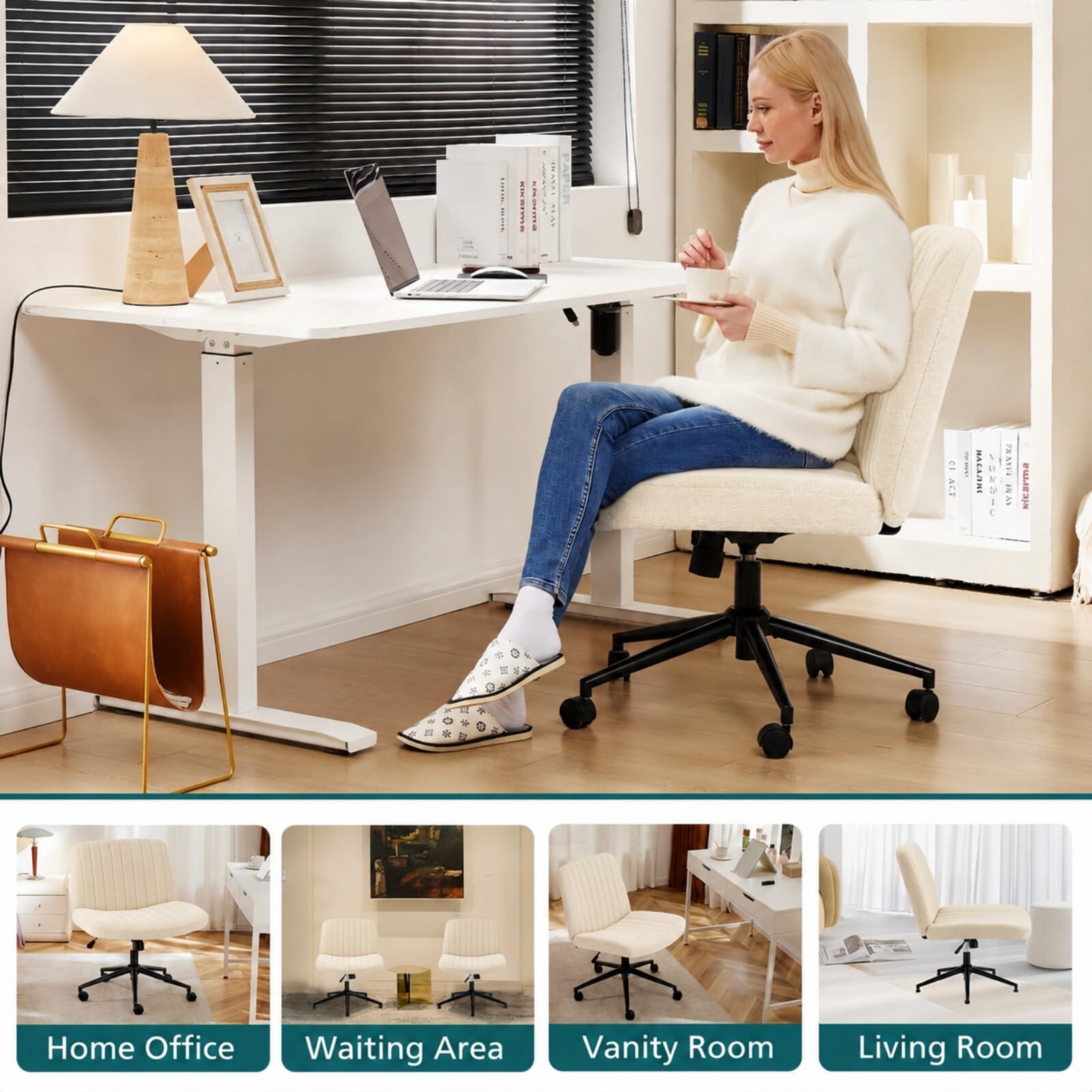 Kelno Armless Criss Cross Office Chair with Wheels 300lb Capacity Wide Seat Cross Legged Desk Chair Height Adjustable Swivel Vanity Chair, Beige Teddy