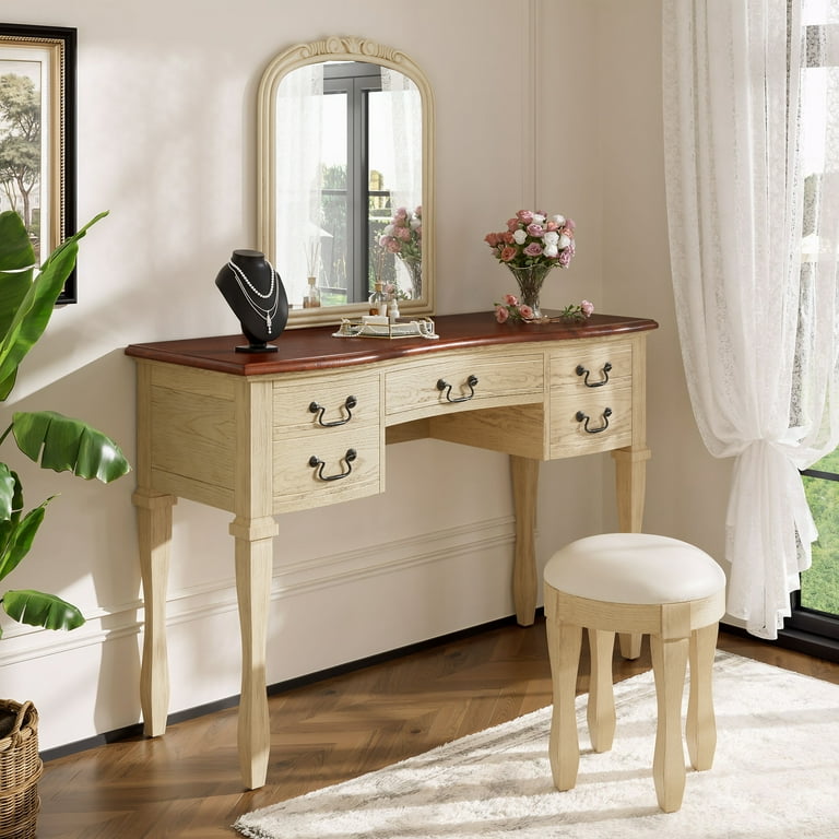 vintage retro dressing table French Style Vanity Set: Vintage Ornate Dressing Table With Mirror & Stool