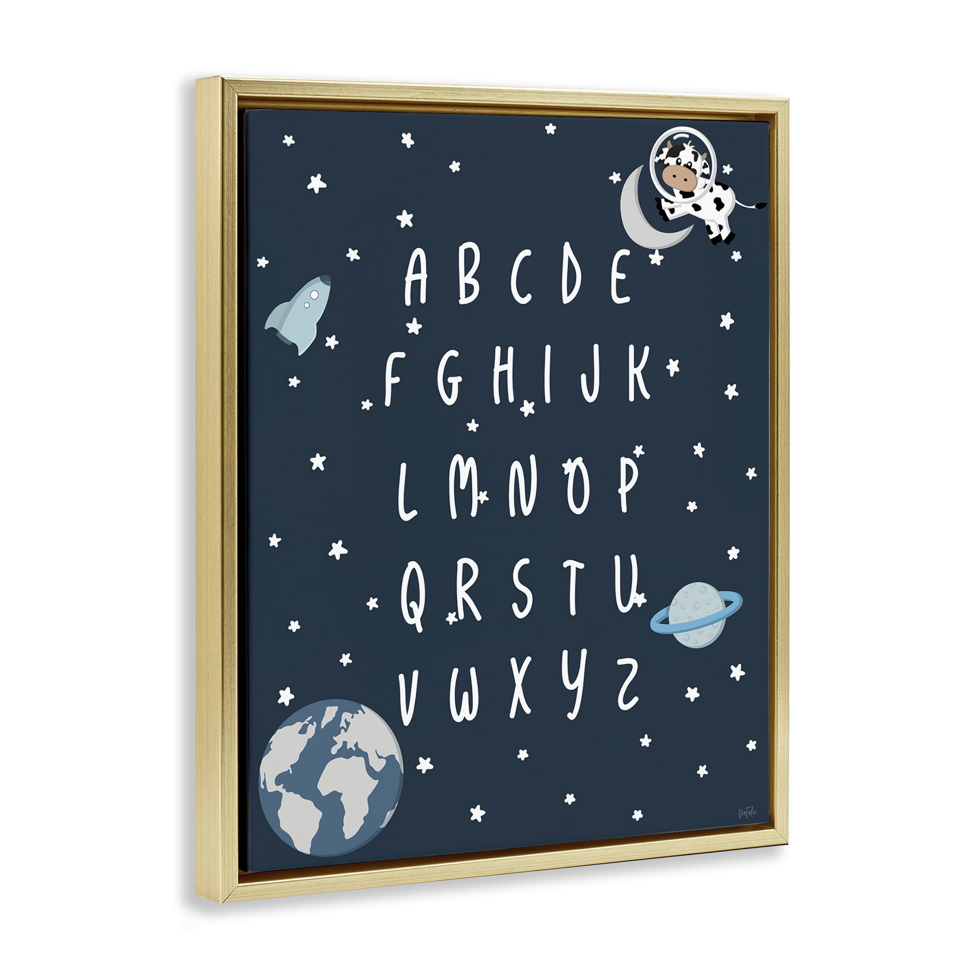 Stupell Industries Outer Space Alphabet Novelty Painting Gold Floater Framed Art Print Wall Art, 17 x 21