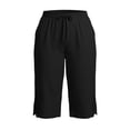 thumbnail image 4 of Women's Plus Size Casual Solid Lace Trim Drawstring 3/4 Pants, Cotton Linen Blend Summer Capris, Soft Elastic Waist Side Pockets, Lightweight Breathable for Work Walking | TruHer,Black XL, 4 of 6