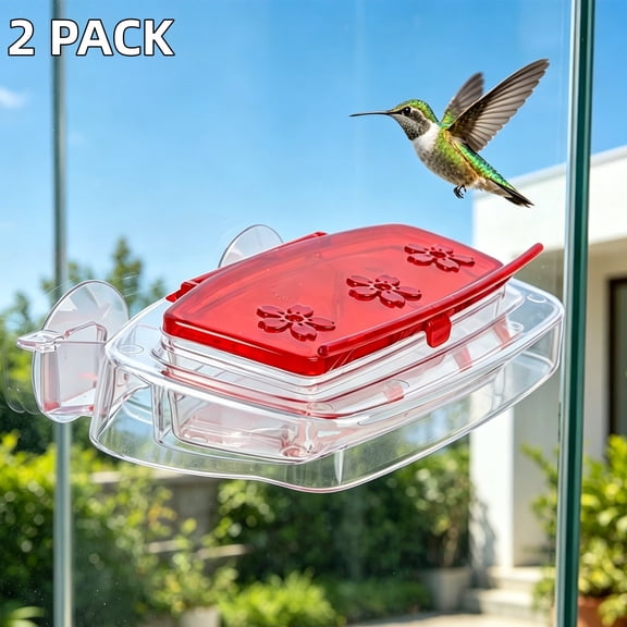 2 Pack Window Hummingbird Feeder with 3 Feeding Ports, 8oz Plastic Bird Feeder with Moat & Strong Suction Cups for Outdoor Backyard Bird Watching
